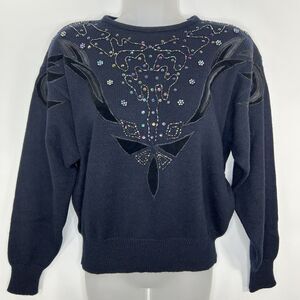 Vintage Cos Cob Sweater Women's M Blue Black Preppy Grandma Embellished Knit 80s